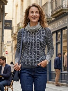 NWT FDJ Draped Cowl Neck Chevron Knit Pullover Sweater Small Navy White